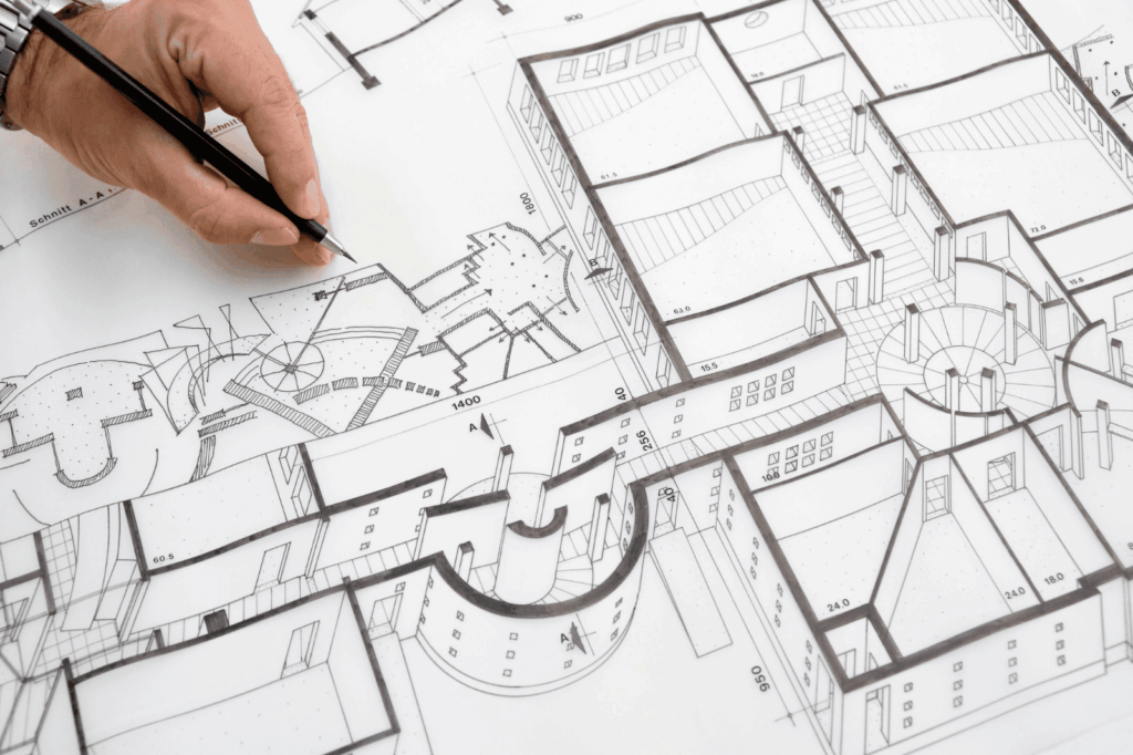 Architecturaal plan met technische afmetingen en ontwerpmateriaal, als onderdeel van de aanvraagprocedure voor een bouwvergunning volgens Vlaamse regelgeving